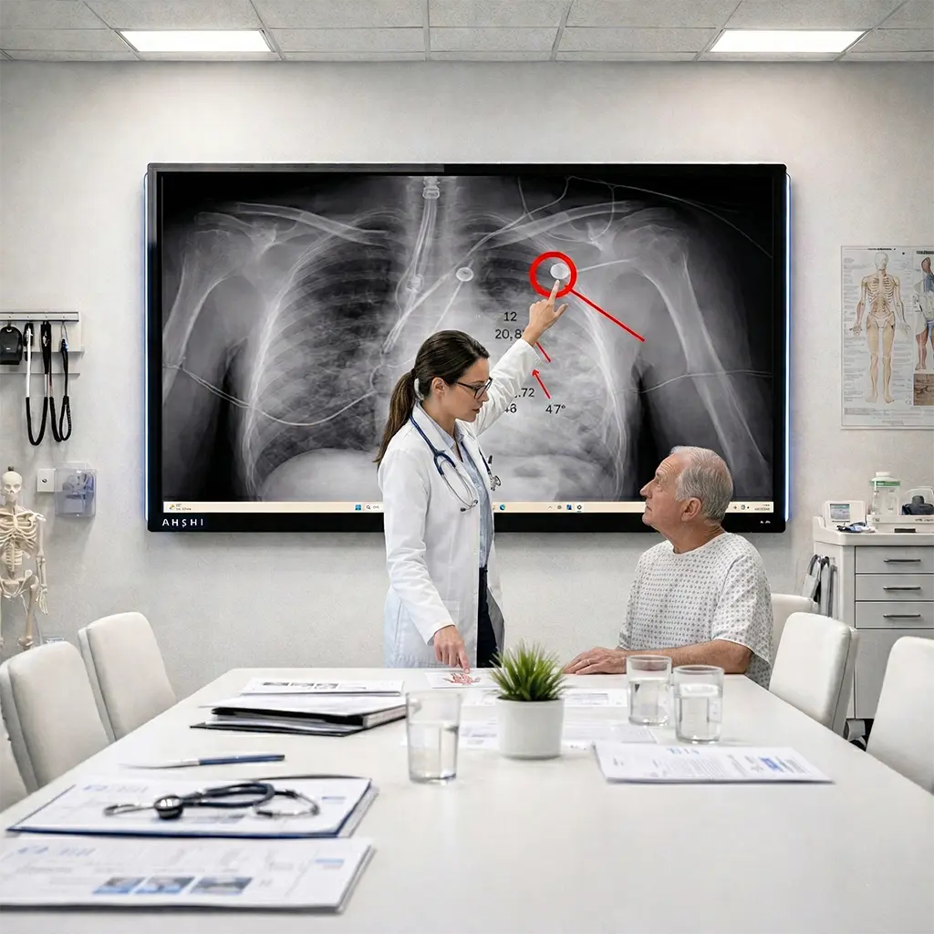 医療・クリニックでの活用イメージ。医師と患者が医療用ディスプレイで画像を確認している