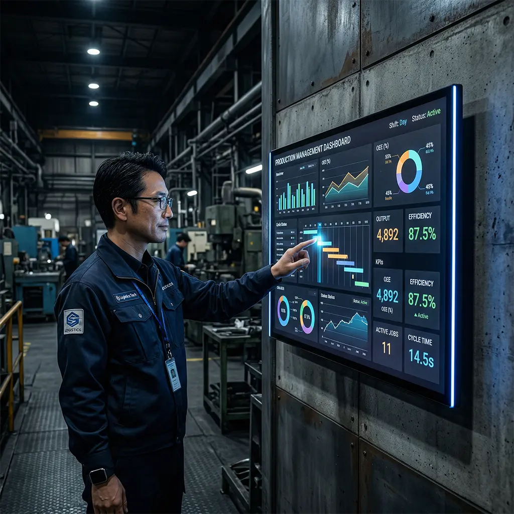 製造・工場での活用イメージ。生産管理ダッシュボードを大型ディスプレイで作業員が確認している
