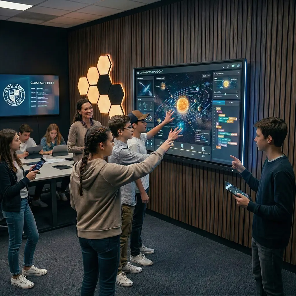 教育・研修での活用イメージ。複数の参加者が大型ディスプレイを囲みタッチ操作でワークショップを行っている