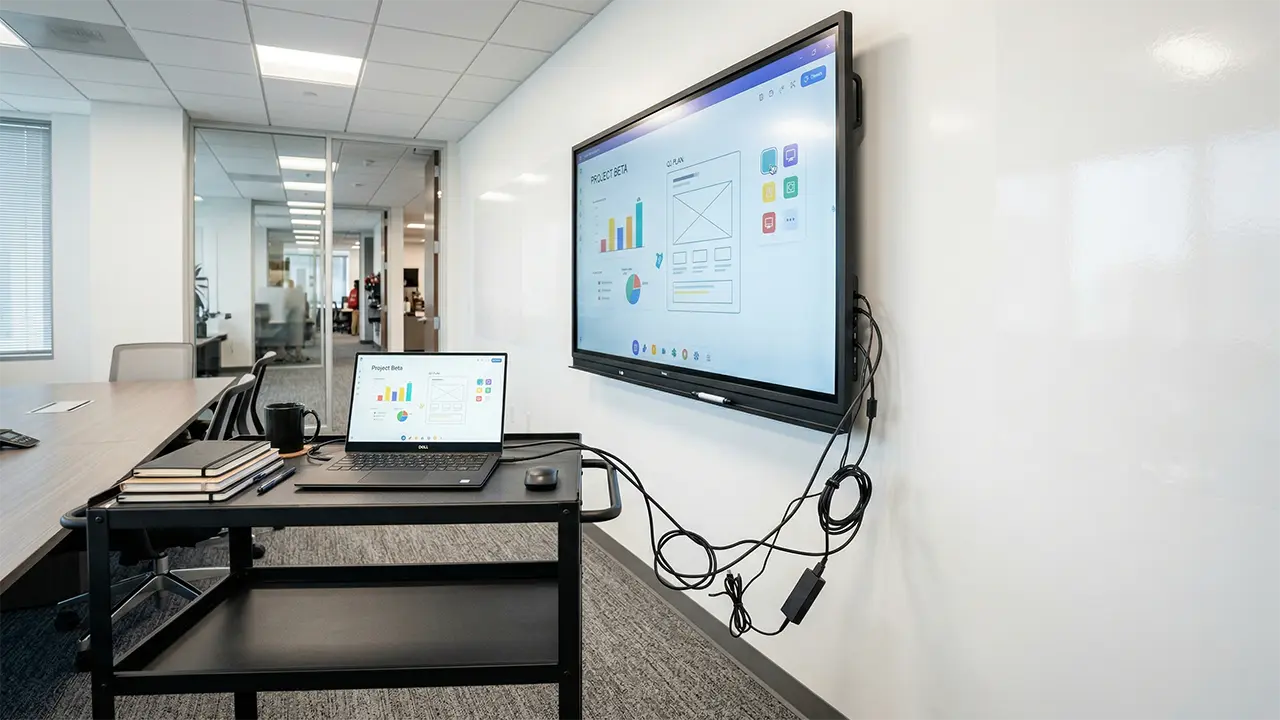 従来の電子黒板の接続例。HDMI・音声・USBなど複数ケーブルが必要でデスク周りが煩雑になっている