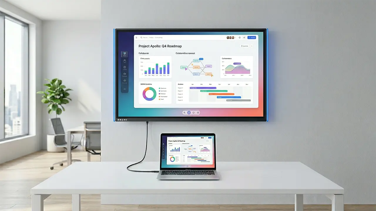 WORK PADはUSB-C 1本で接続。ノートPCと大型ディスプレイをケーブル1本でスッキリ繋いでいる様子