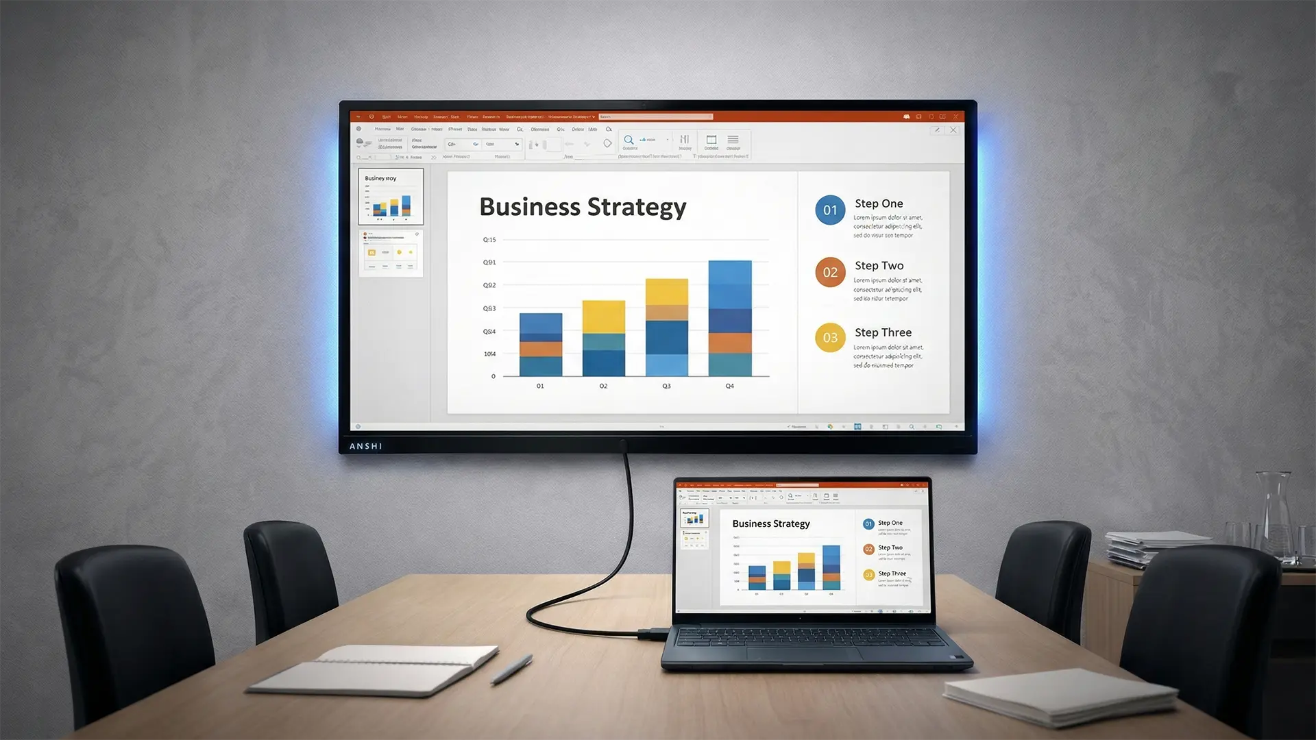 OSレスモデルの使用イメージ。会議室でノートPCをWORK PADに接続しプレゼンテーションを行っている