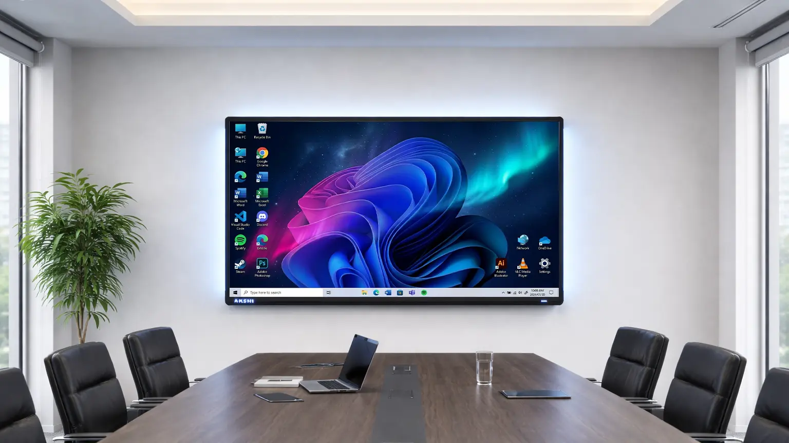 Windowsモデルの使用イメージ。大型会議室に設置されたWORK PADにWindows画面が表示されている