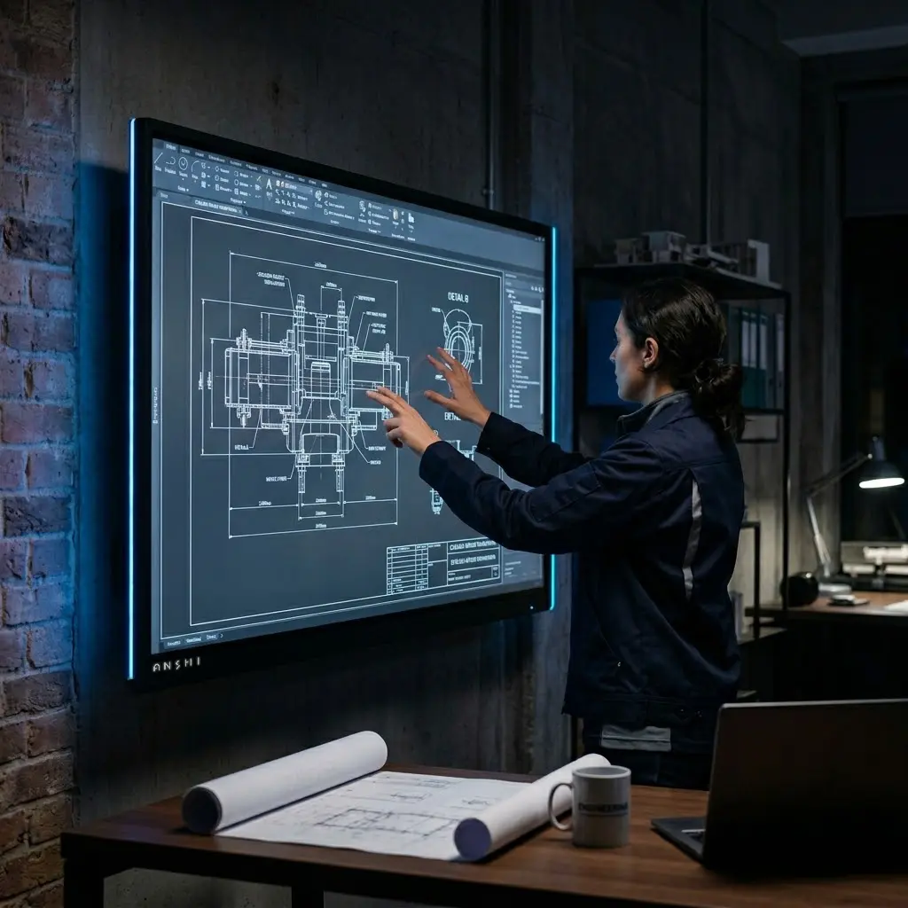 建設・施工管理での活用イメージ。大型ディスプレイにCAD図面を表示し作業者がタッチ操作している